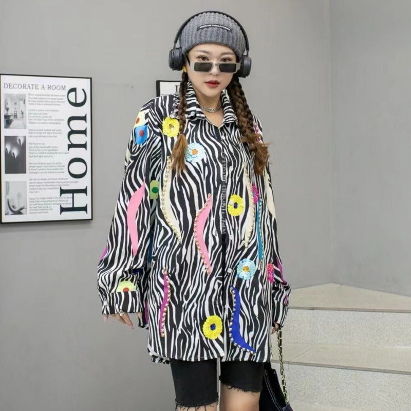 Playful Leopard Print Long-Sleeved Denim Shirt