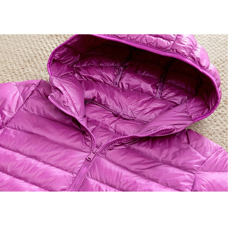 Ultra-Lightweight Slim Down Jacket for Women – Short Hooded Warm White Duck Down Coat