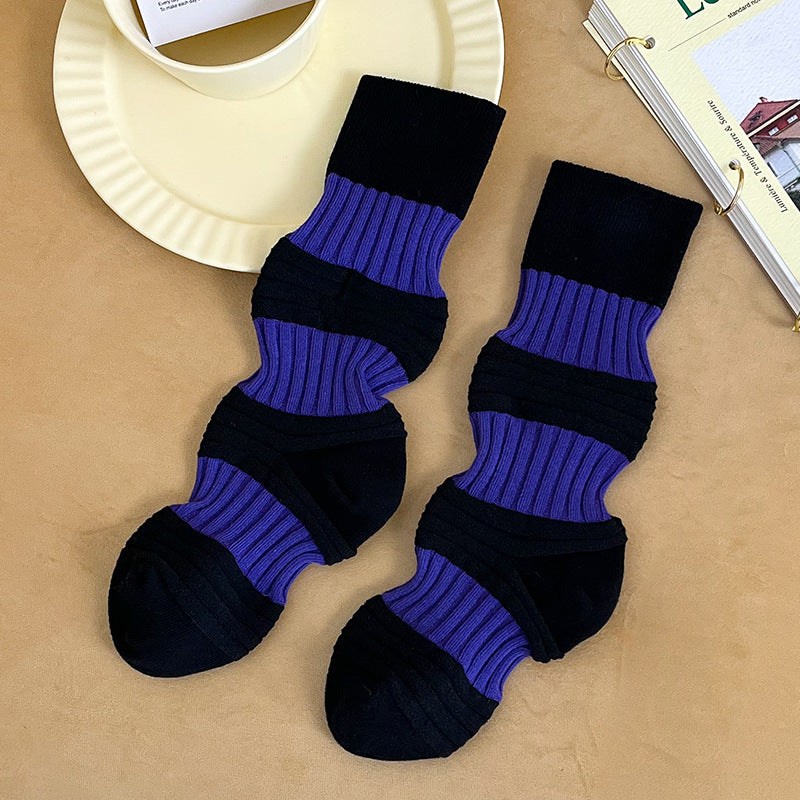 Harajuku Style Pleated Mid-Tube Socks - Contrast Color Cotton