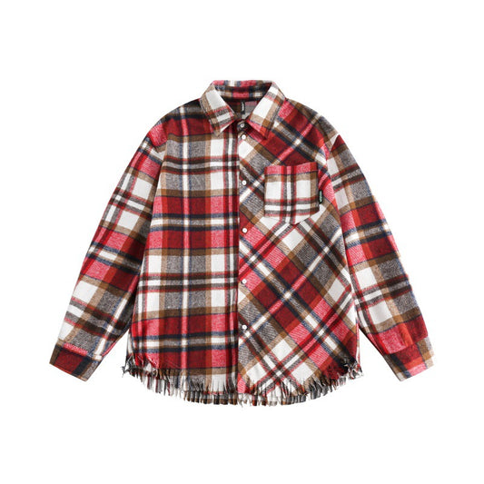 Harajuku Style Tassel Plaid Graffiti Long Sleeve Shirt