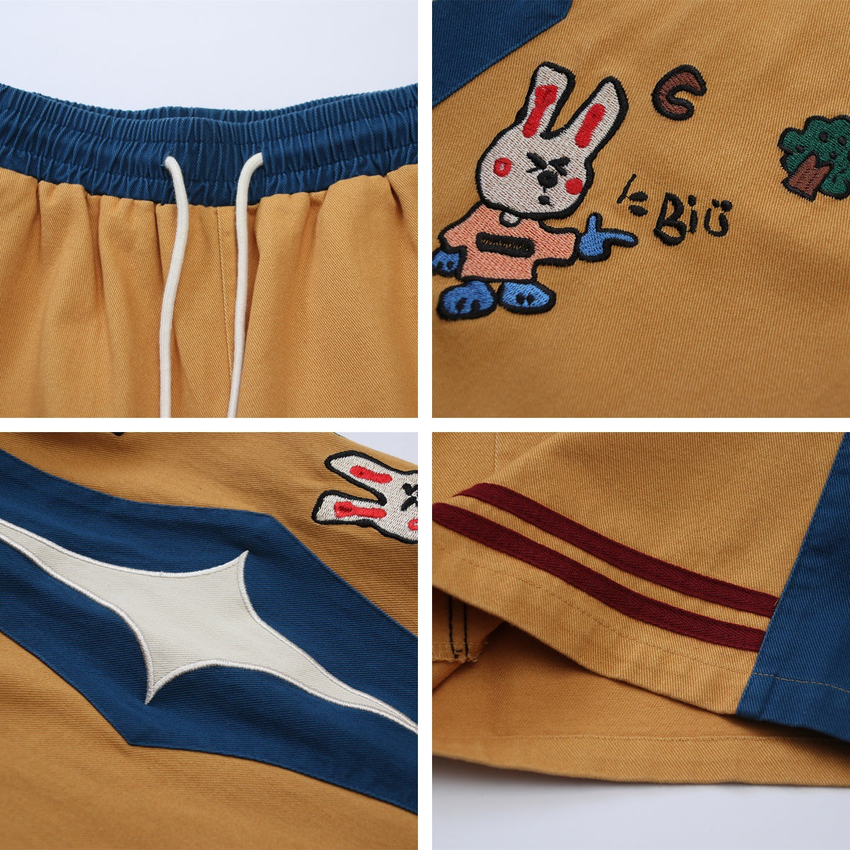 Fun Cartoon Embroidery Color Block Drawstring Casual Pants