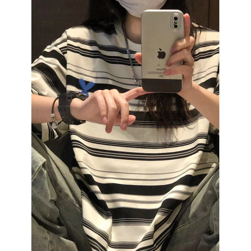 Summer Blue and White Striped T-Shirt Loose Top