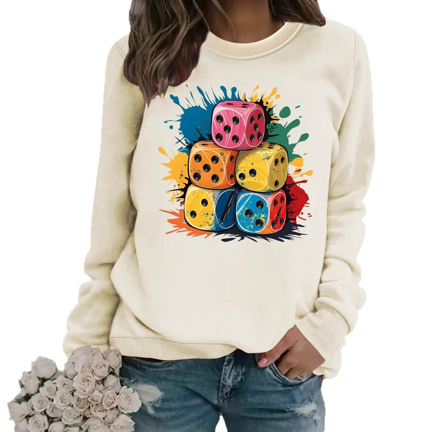 Splash Pattern Printed Stacking Block Hoodie with Round Neck