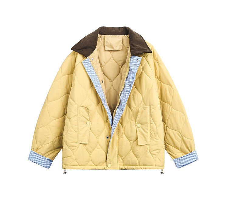 Flip Collar Diamond Grid Thick Warm Short Jacket