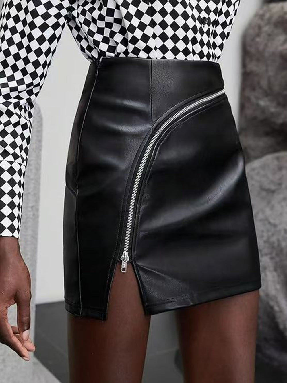 Splicing Zipper Slit  Solid Color Women's Versatile Skirt