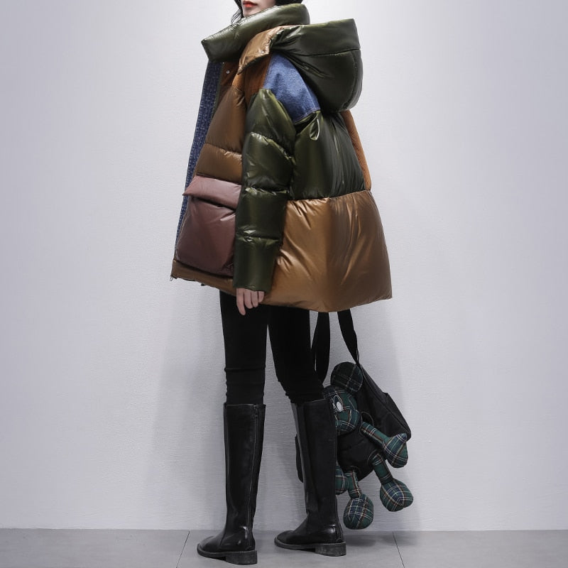 Harajuku Style Contrasting Color Denim Stitching Down Jacket