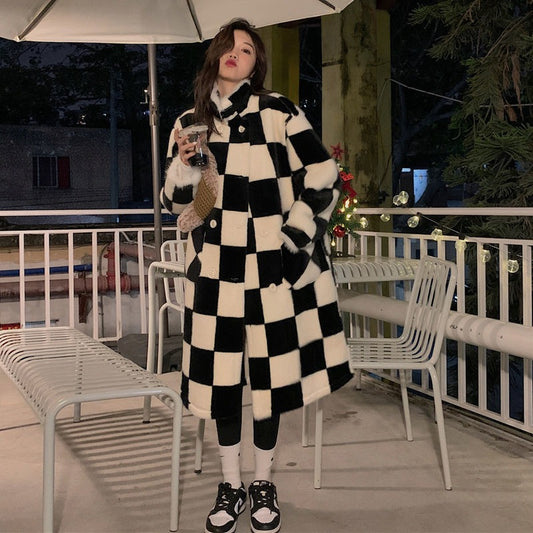 Plaid Harajuku Long Jacket for Women - Elegant Double Breasted