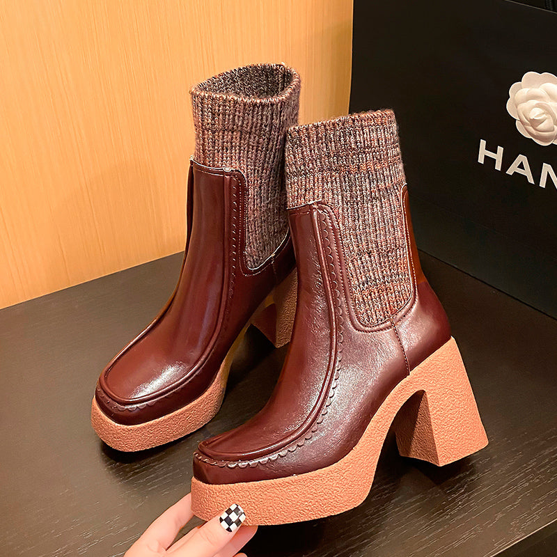 Brand Genuine Leather Women's Chunky High Heels Platform Ankle Boots in Black and Brown for Dress or Casual Events, Size US9