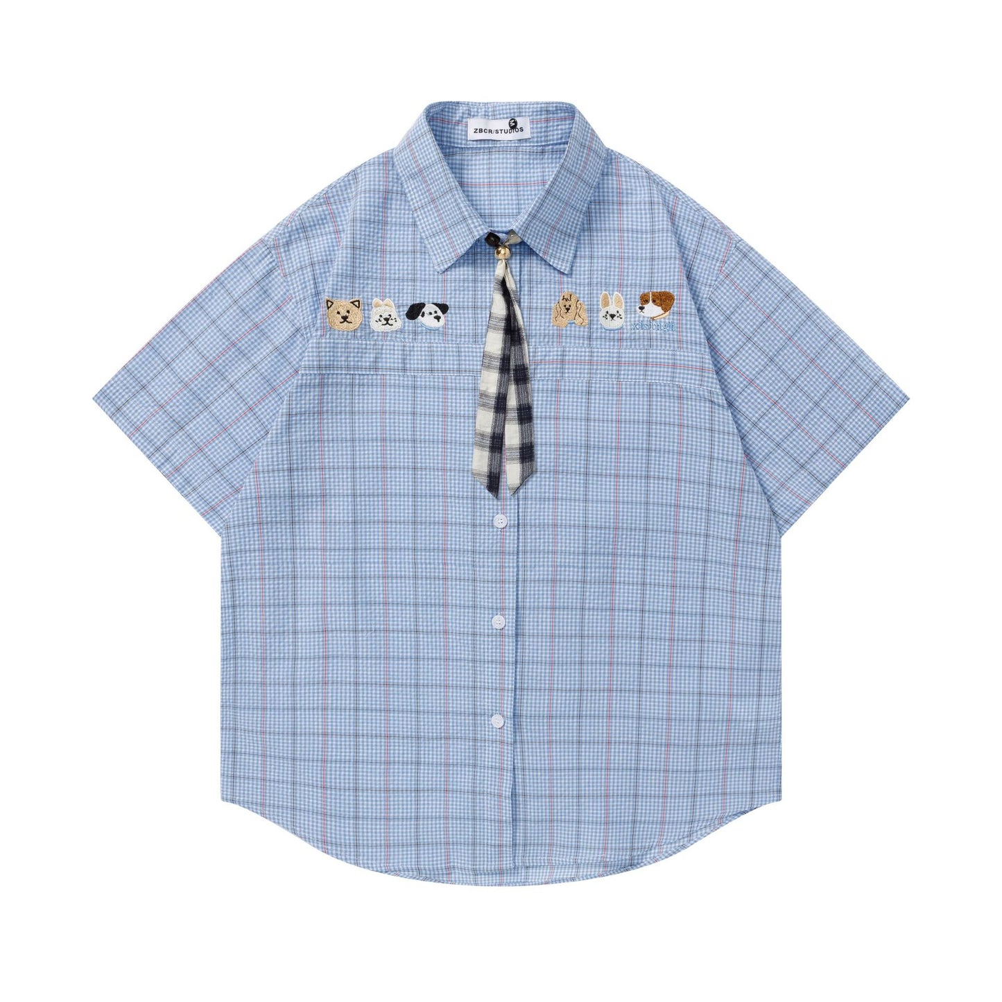 Harajuku Dog Embroidered Tie Short Sleeve Shirt — Street-Style Cotton Blend