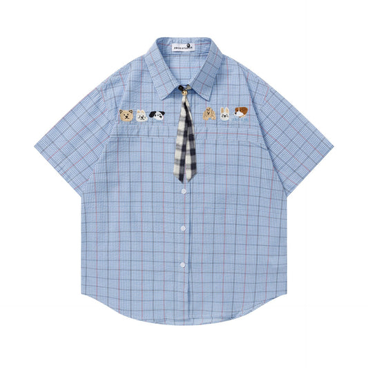 Harajuku Dog Embroidered Tie Short Sleeve Shirt — Street-Style Cotton Blend