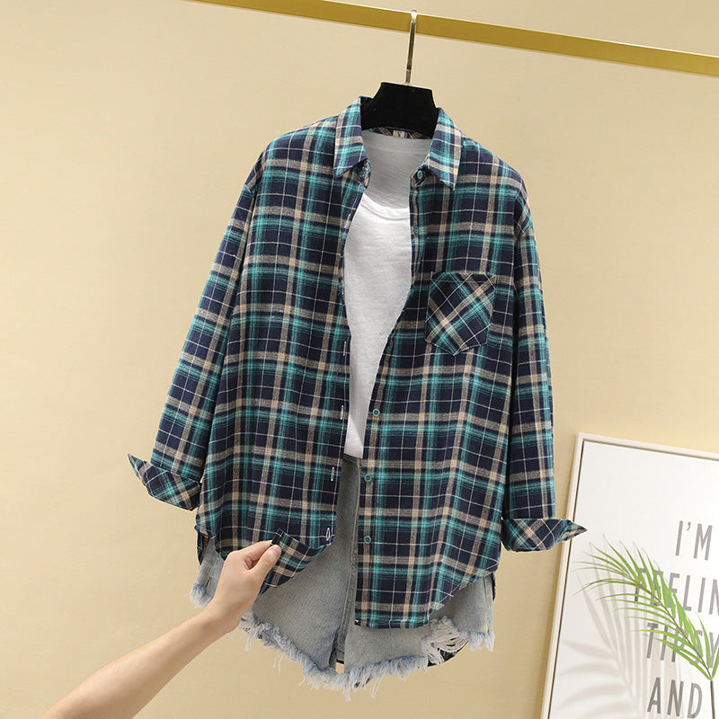 Cotton Plaid Shirt for Women - Loose Long Sleeve