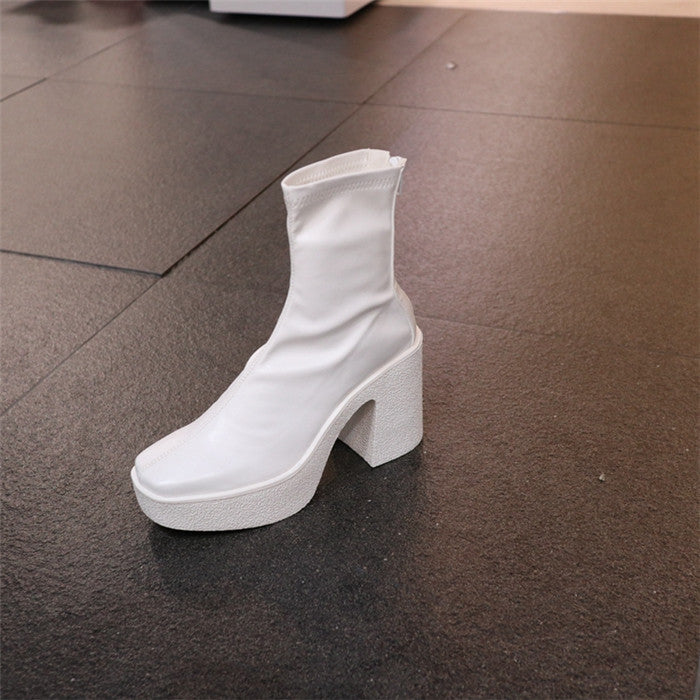 White and Blue Platform High Heels Ankle Boots for Women - Elastic Thin Short Sock Autumn Winter Casual Punk Party Shoes