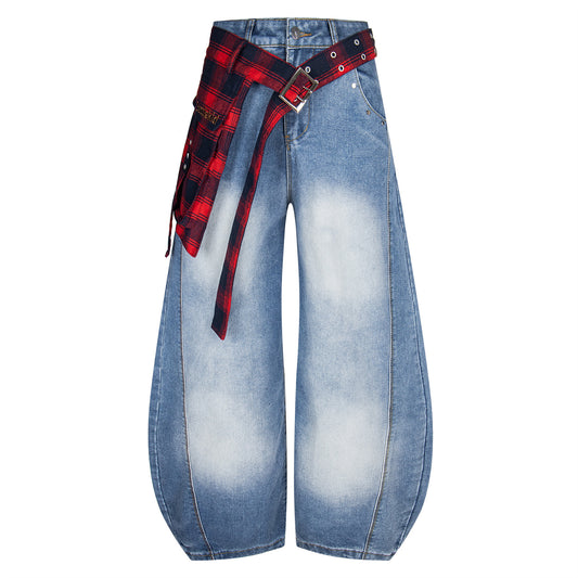 Checkered Patchwork Denim Wide Leg Pants
