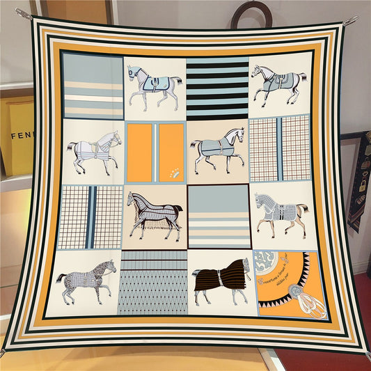 Colored Checkered Horse Silk Square Scarf - Versatile Shawl
