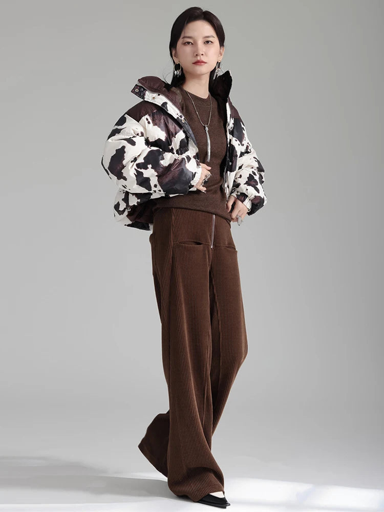 Harajuku Style Cow Pattern Cotton-Padded Coat with Stand Collar