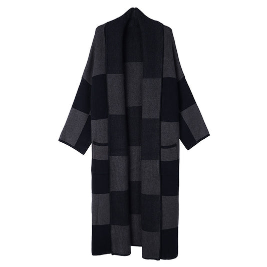 Vintage Plaid Knitting Trench Coat for Women