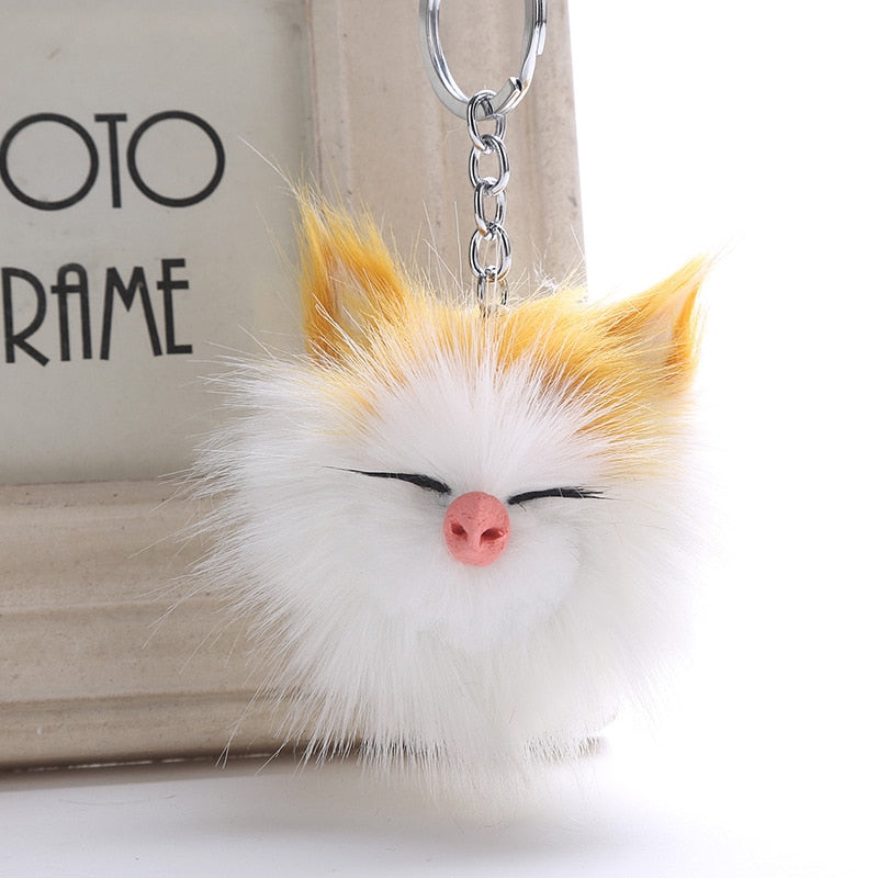 Cute Sleeping Smile Cat Pompom Keychain