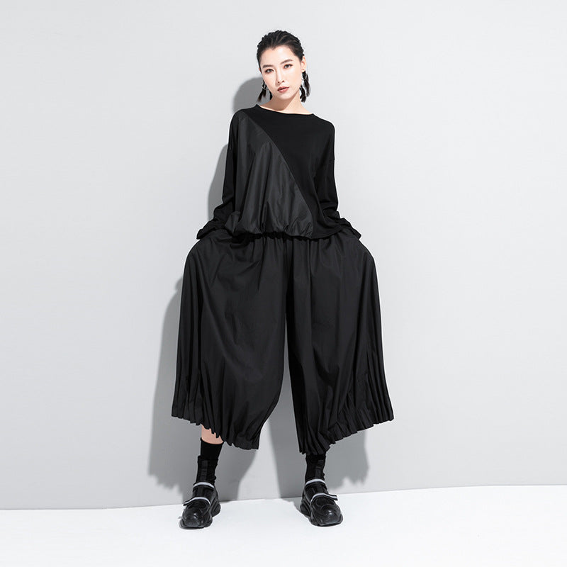 Harajuku Style Loose Wide-Leg Pleated Pants – Black