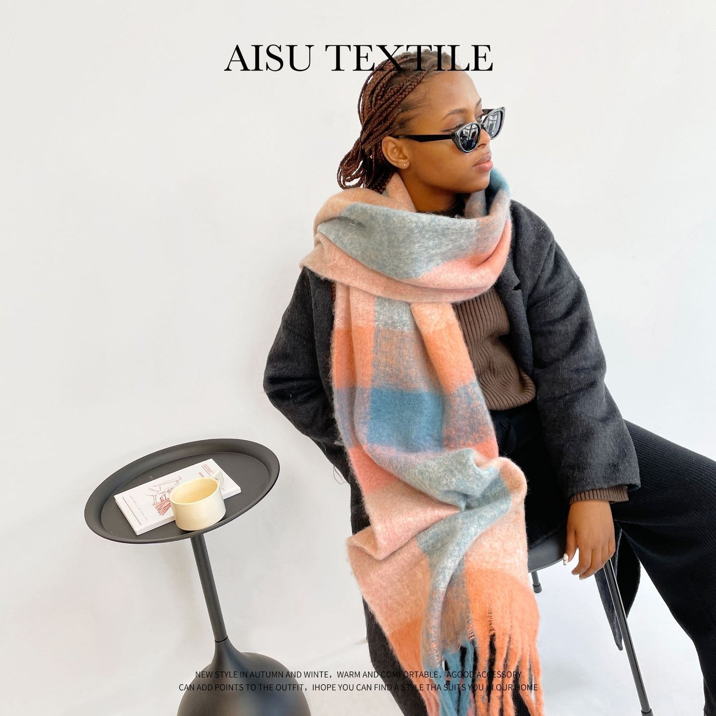 Colorful Plaid Mohair Scarf - Women's Winter Warmth