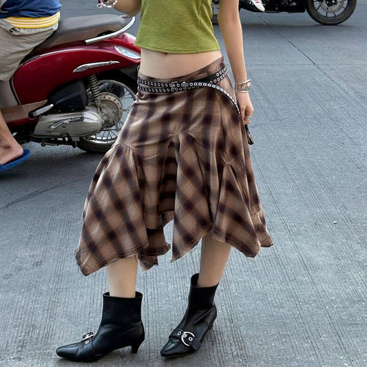Irregular Hem Patchwork Plaid Skirt - Harajuku Style