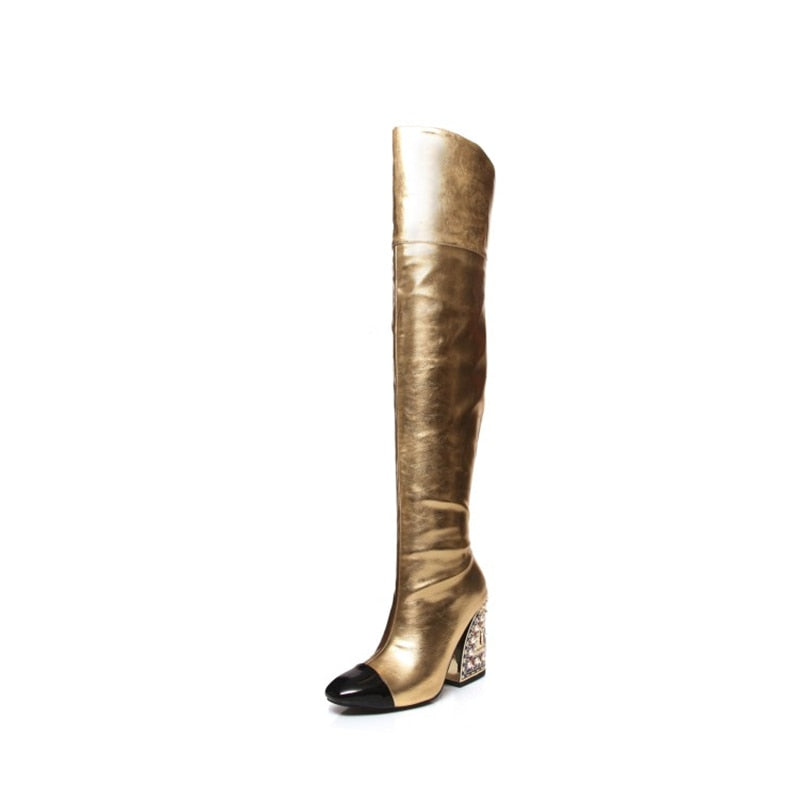 Fashionable Sexy Women's Pointed-Toe Over-The-Knee Boots with Pearl Pattern Shaped Heel - Large Size Party High Boots