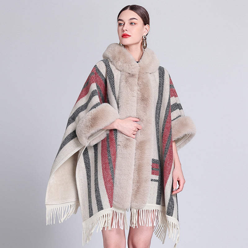 Poncho with Fleece Lining - Thick Knitted Hooded Shawl Featuring Fur Collar and Tassels