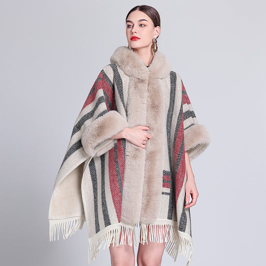 Poncho with Fleece Lining - Thick Knitted Hooded Shawl Featuring Fur Collar and Tassels