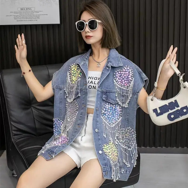 Harajuku Style Beaded Denim Jacket with Tassels