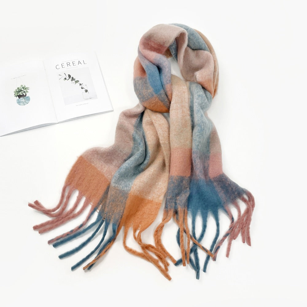 Colorful Plaid Mohair Scarf - Women's Winter Warmth