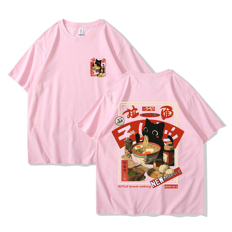 Harajuku Cat Cartoon Eating Noodles Graphic Unisex Casual Short Sleeve T-Shirt