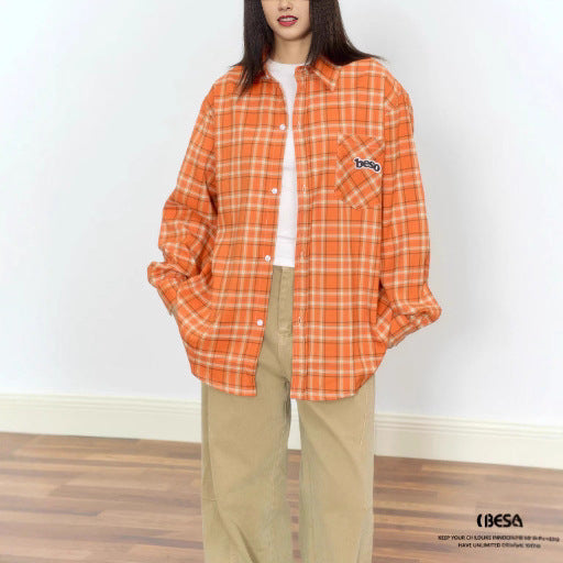 Orange Loose Embroidered Plaid Shirt Blouse for Women, Vintage Casual Shirt Jacket