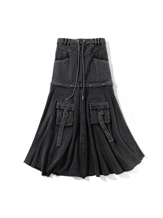 Y2K Vintage Black Denim Pocket Skirt for Women