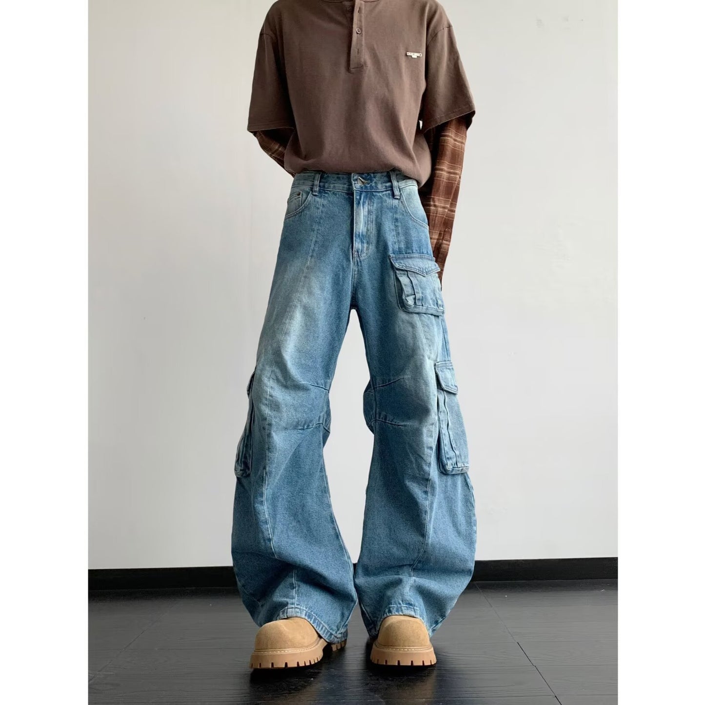 Multi Pocket Curved Knife Denim Wide Leg Pants