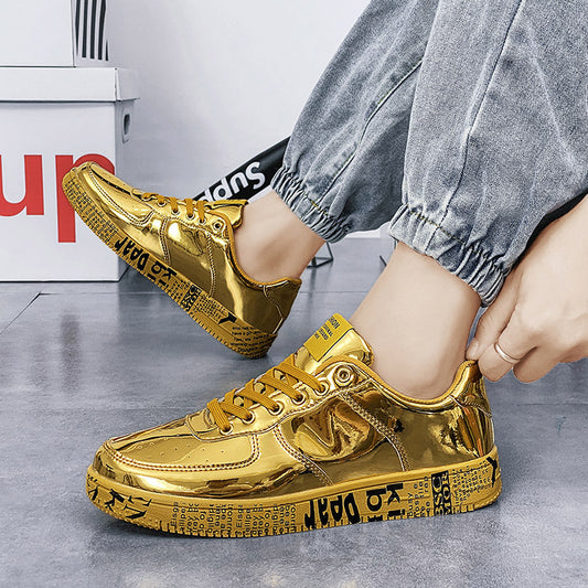Men's Shiny Leather Panel Sneakers - Harajuku Style