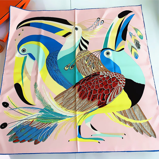 Artistic 90cm Cartoon Bird Feather Square Scarf