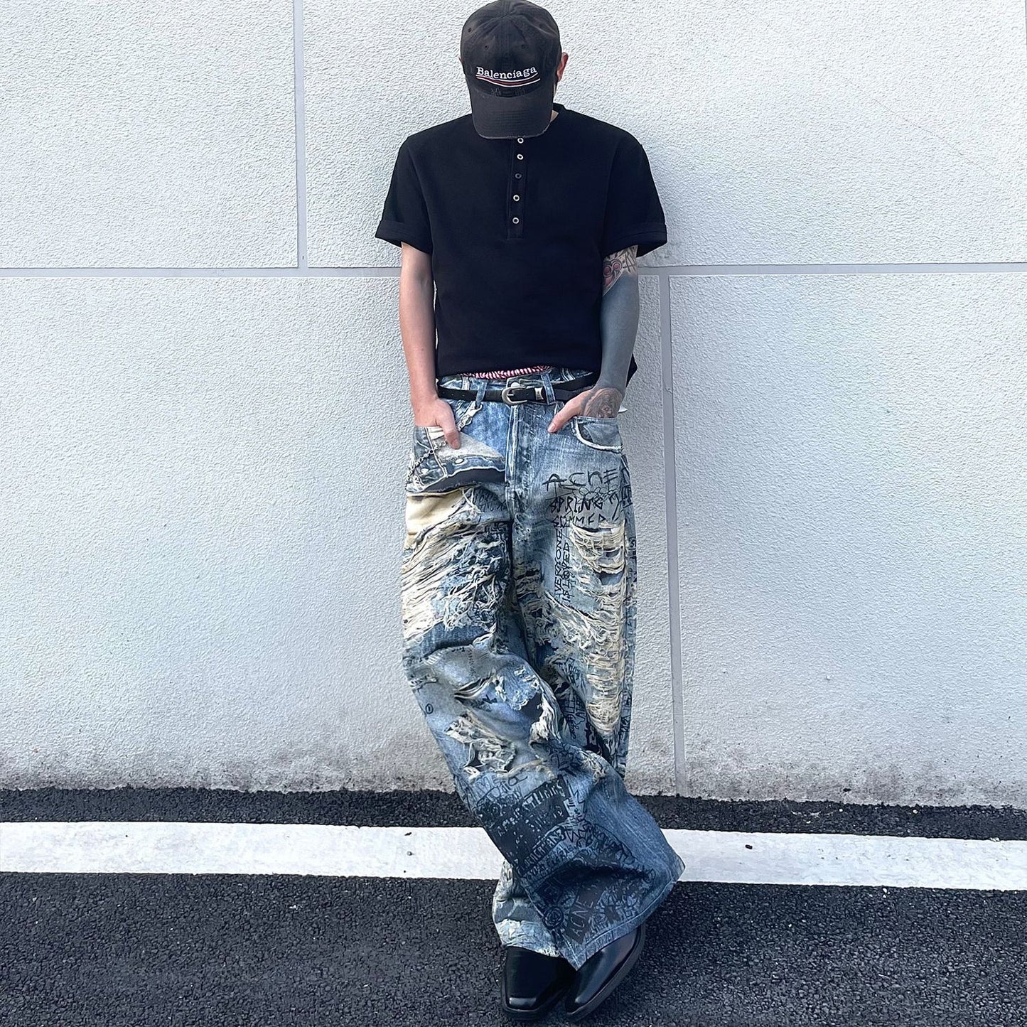 Playful Letter Flower Denim Jeans for Men