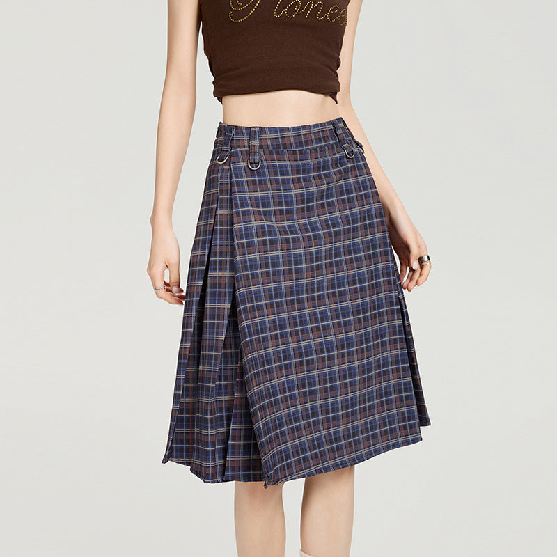 Women's College Style Plaid A-Line Summer Pleated Skirt in Blue Plaid