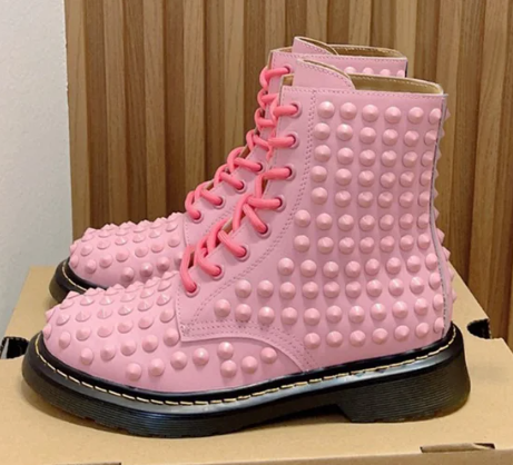Pink Rivet Lace Up Motorcycle Boots Genuine Leather Flat Platform Girls' Short Ankle Boots Outdoor Fashion Street Boots