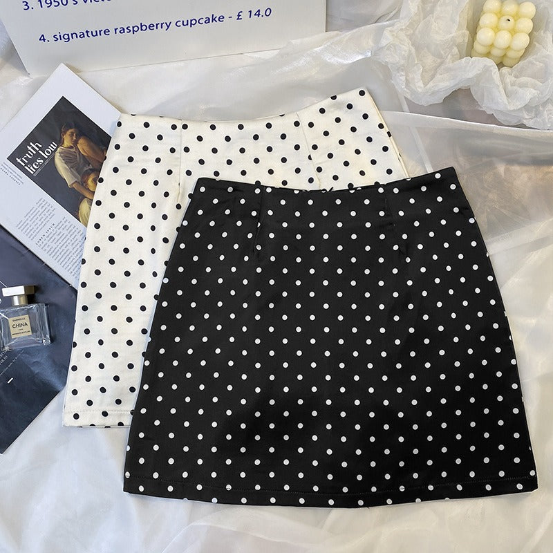 Polka Dot Half-Length Skirt, Feminine, Small Stature, High Waist, A-line Skirt