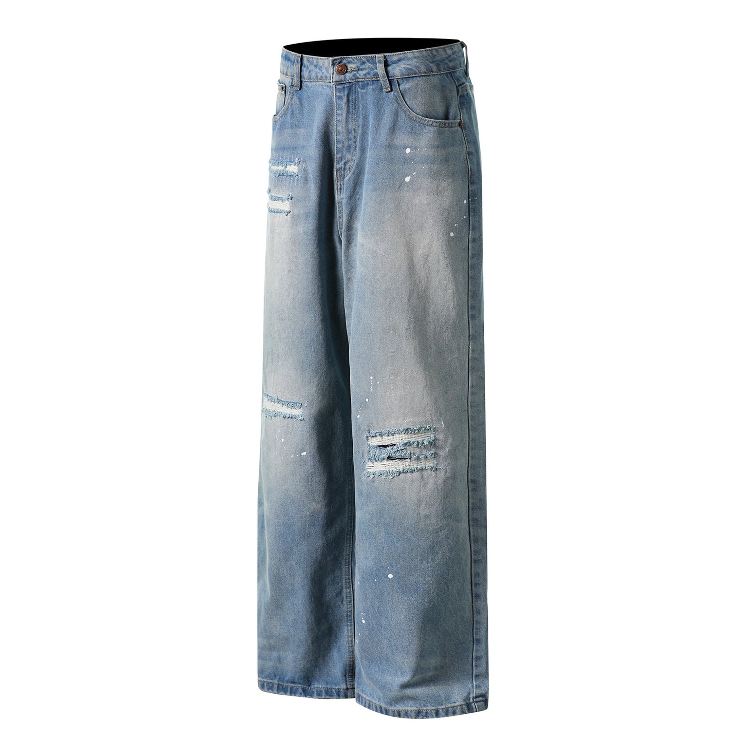 Washed Patch Cat Whisker Splatter Ink Design Jeans