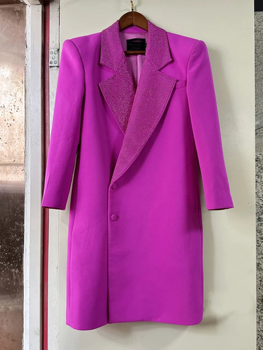 Harajuku Style Women's Long Blazer Coat with Beaded Collar
