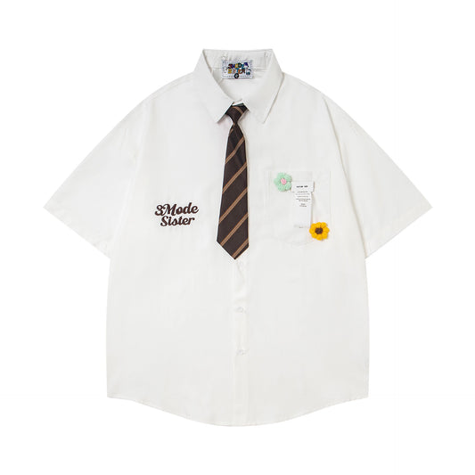 Retro Letter Embroidery Decorative Collar Shirt