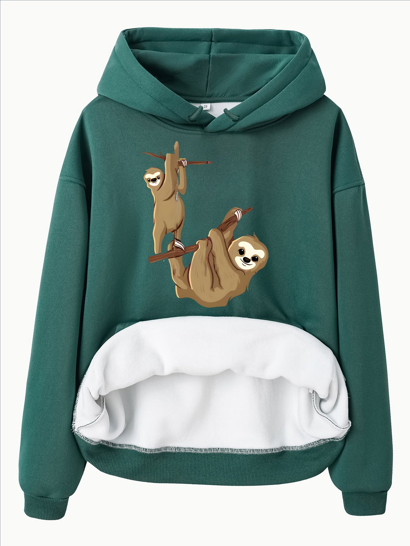 Hooded Long Sleeve Velvet Pullover with Sloth Pattern and Kangaroo Pocket