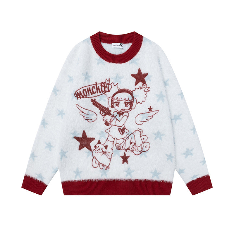 Anime Cartoon Crewneck Sweater – Loose Fit Color-Blocked Top