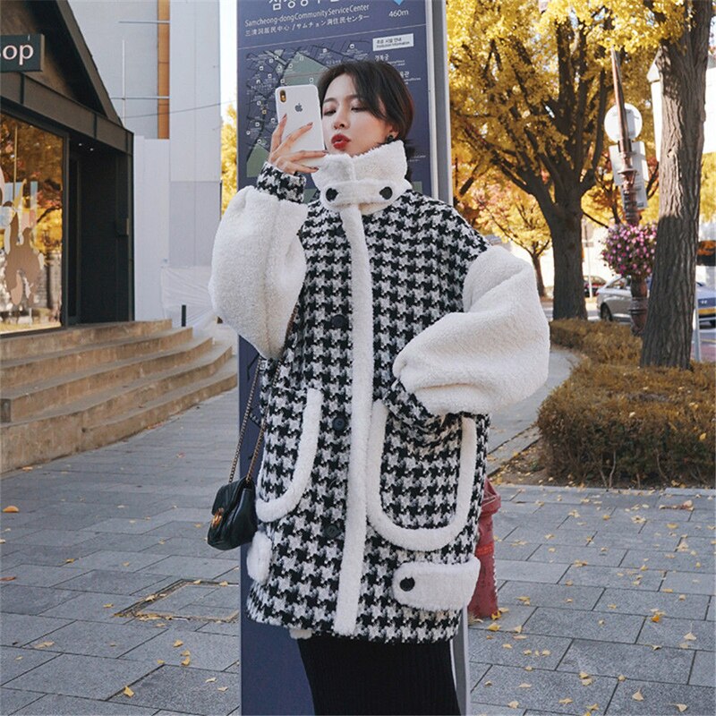 Harajuku Style Houndstooth Wool Coat for Women