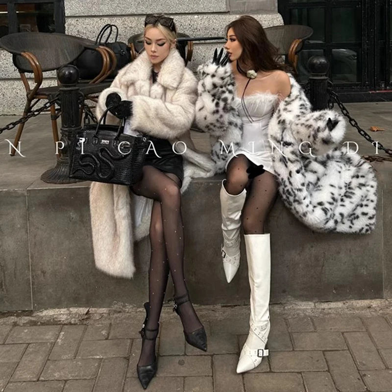 Harajuku Style Women's Faux Fur Coat - Bobcat Print