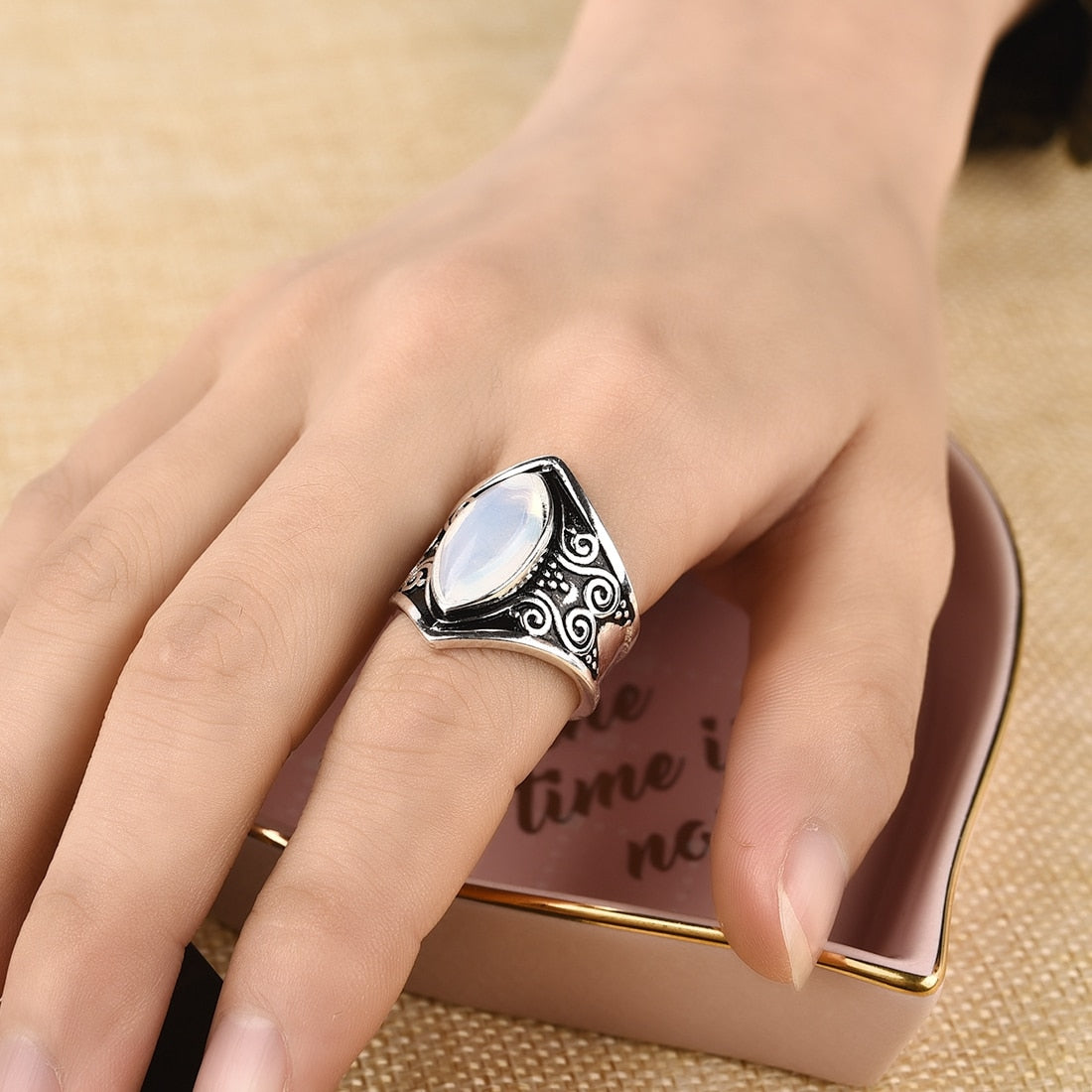 Vintage Silver Big Stone Ring - Bohemian Style Jewelry
