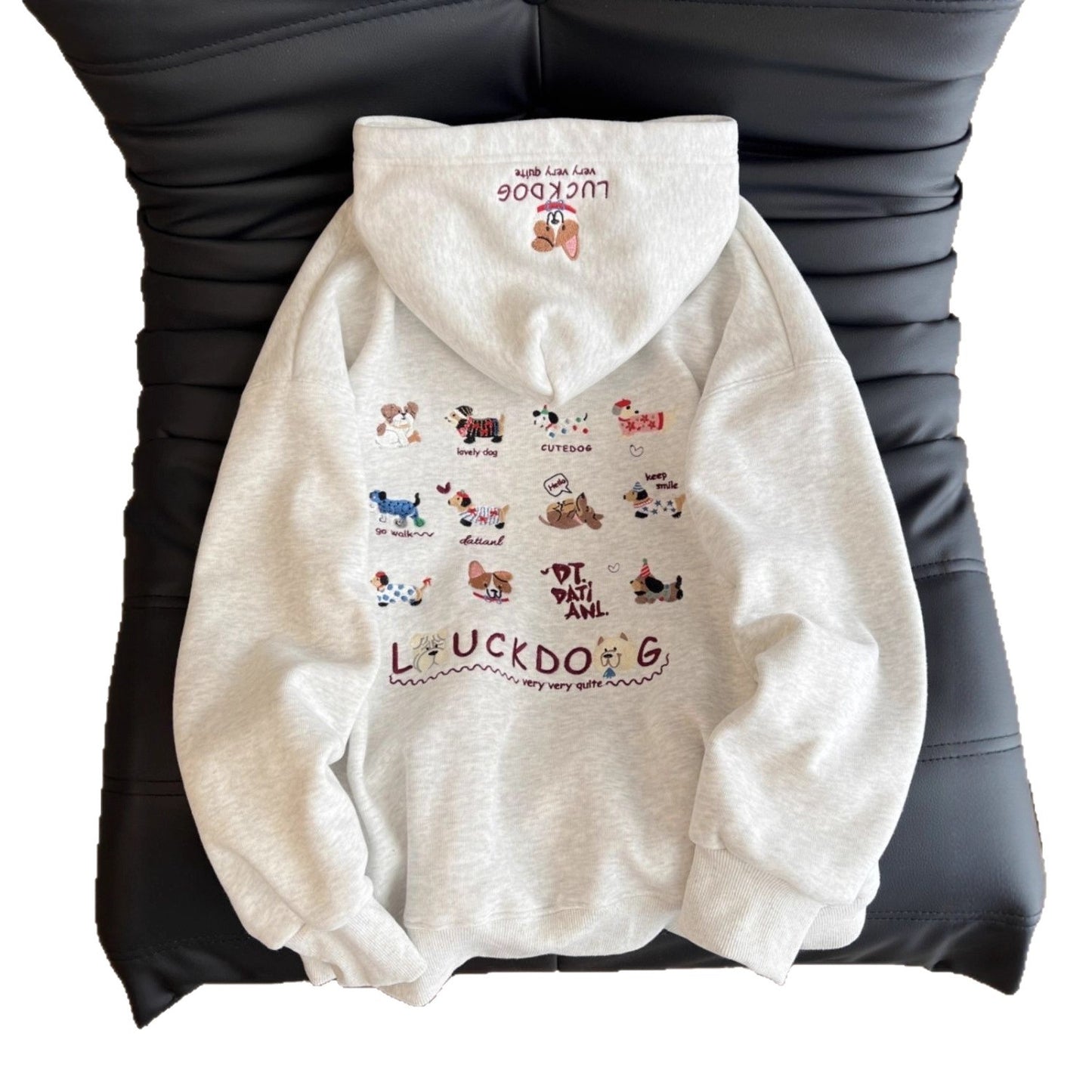 Heavy Embroidery Cartoon Fleece-Lined Thick Hooded Casual Pullover Hoodie