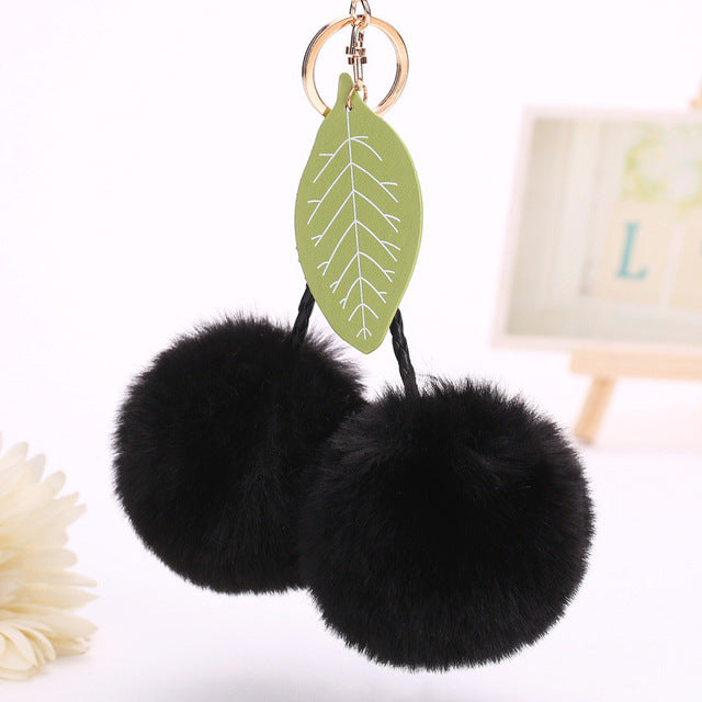Faux Rabbit Fur Ball Pompom Cherry Keychain