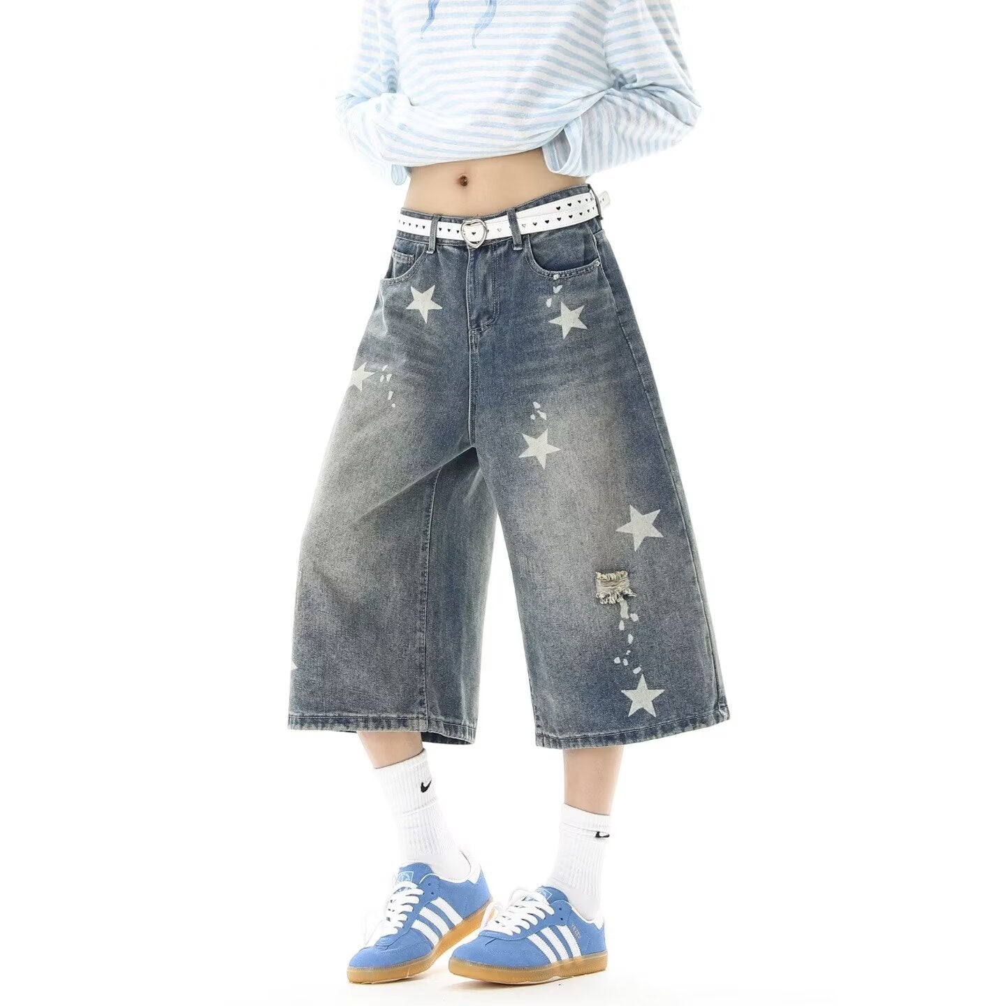 Harajuku Vintage Distressed Star Print Loose 7/8 Length Denim Shorts — Harajuku Street Fashion